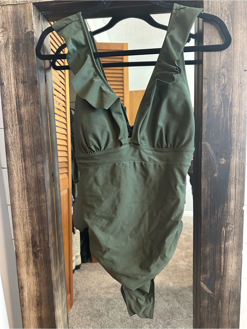 Olive Green Ruffle One Piece Swimsuit Size L Plunge Neck Open Back Resort wear